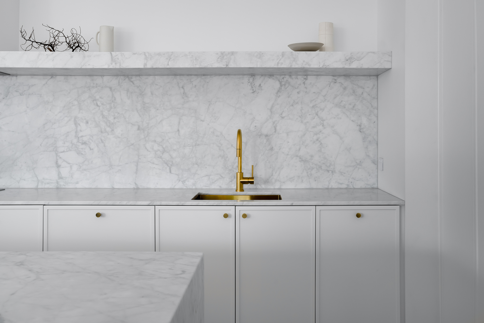 Marble Kitchen Splashback, marble shelves and marble sink cut out. Carrara Marble.