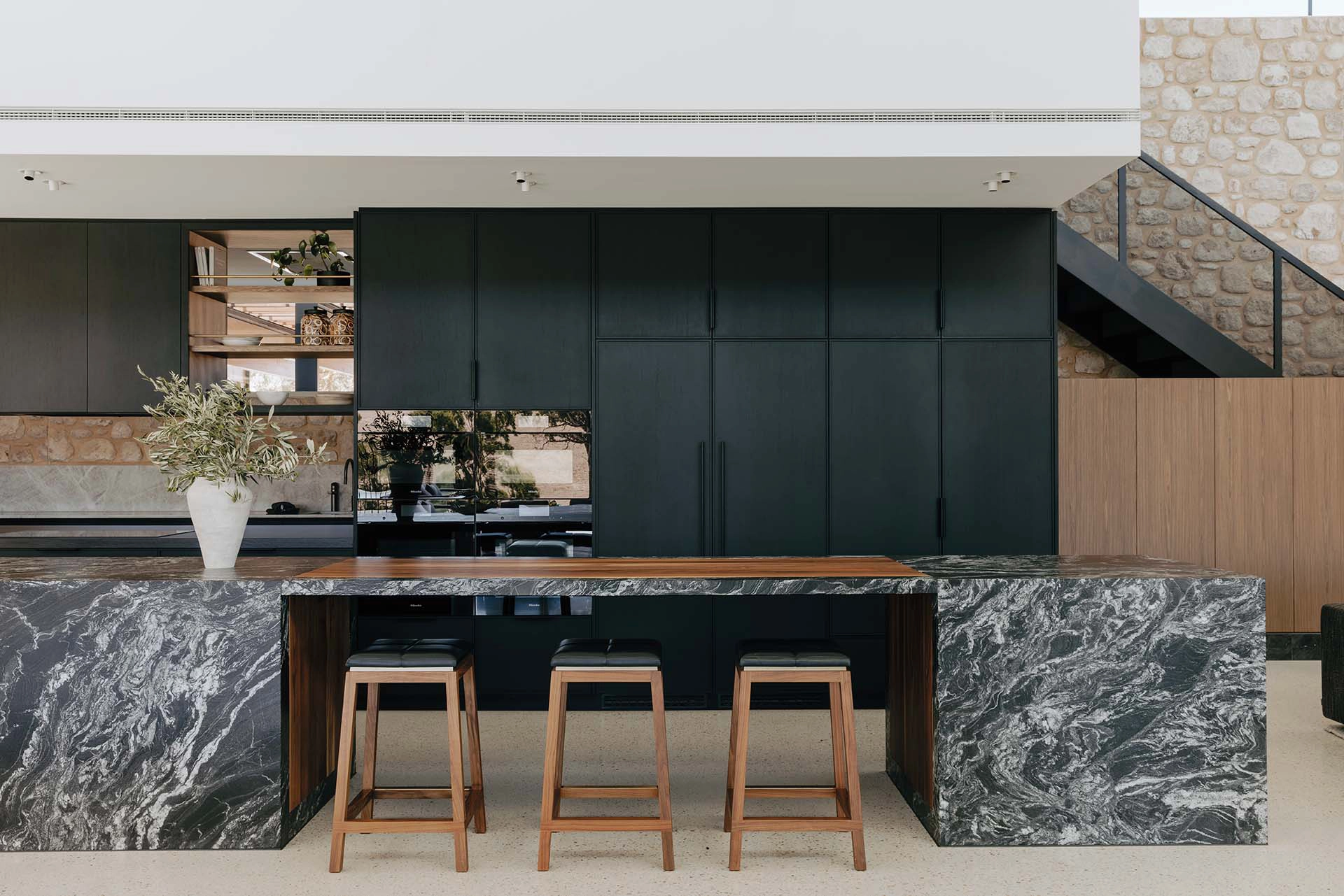 Black beauty granite benchtop with waterfall ends