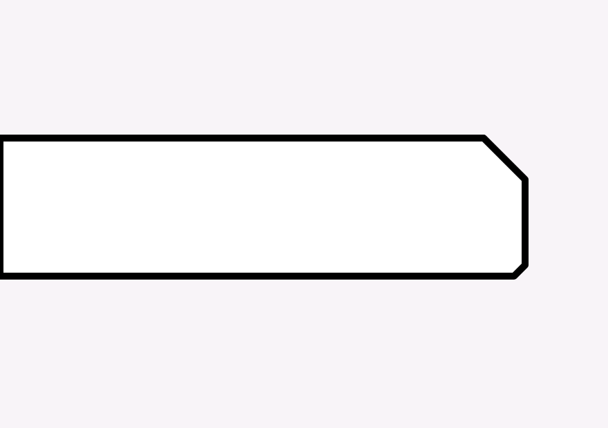 Long white tag with beveled right corners on a pale pink background, outlined in black,