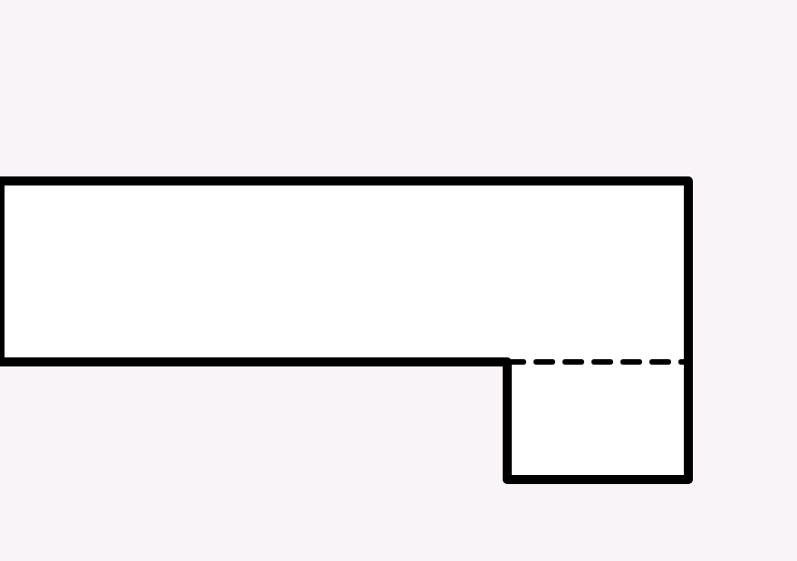 L-shaped diagram: a white area with a dark border and a notch in the bottom edge, plus a dashed line indicating a fold or alignment area at the right.