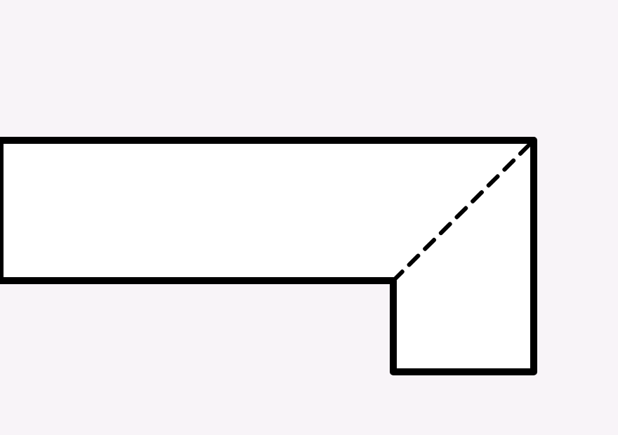 Technical diagram of an L-shaped piece with a dashed diagonal cut line at the outer corner.